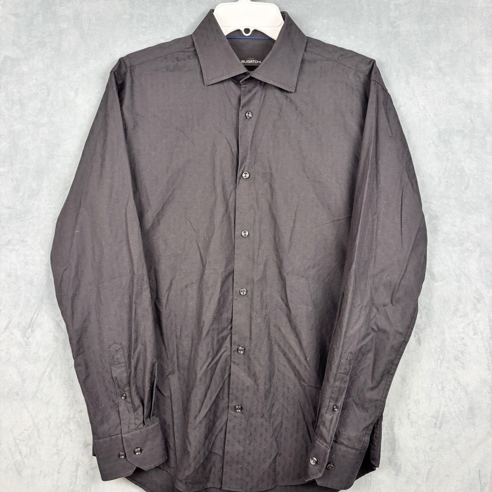 Bugatchi Mens Black Paisley Jacquard Button Down Shirt Shaped Fit 15.5 34/35